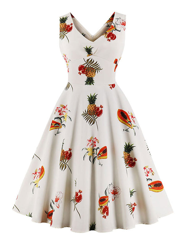 Retro Sleeveless Vintage Fruit Print Tea Party Pleated Dress