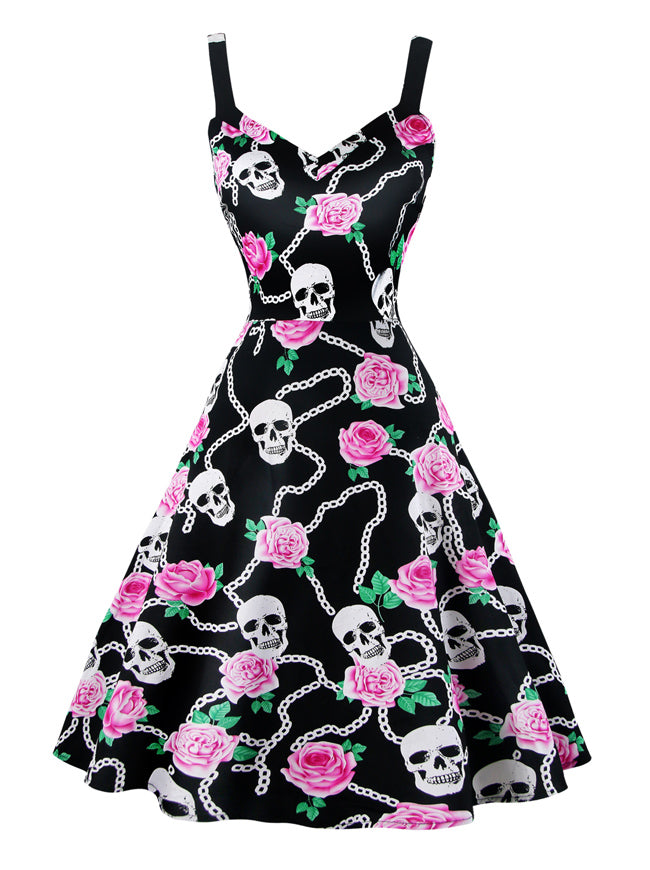 Sleeveless Rockabilly Skull Printed Halloween Cocktail Dress