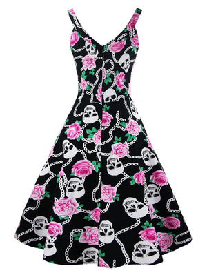 Sleeveless Rockabilly Skull Printed Halloween Cocktail Dress