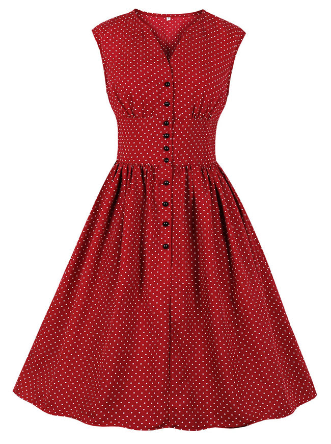 Women's 1950s Vintage Polka Dots Printed V Neck Sleeveless Swing Dress