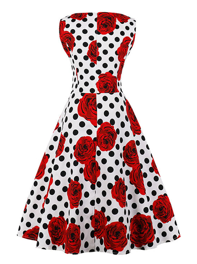 Black White Retro Sleeveless V-Neck Slim Fitting Vintage Juniors Floral Evening Dating Dress for Women Back View