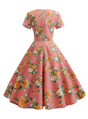 Vintage 1950's Classic Plaid Floral Flare Polka Dot Print Coral Women Dress Back View