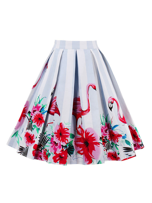 1950s Vintage Flamingo Floral Print Striped Pleated Skirt