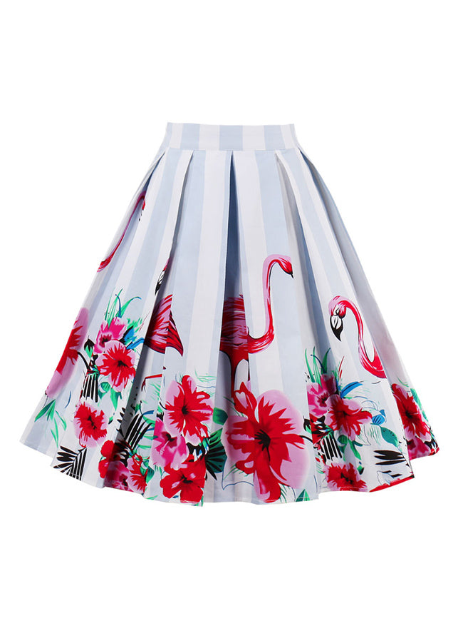 1950s Vintage Flamingo Floral Print Striped Pleated Skirt