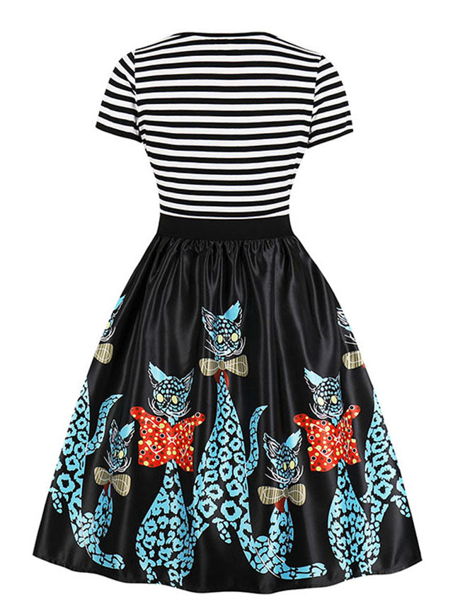 Women's Blue Cap Sleeve Elegant Abstract Pattern Homecoming Party Midi Dress Back View
