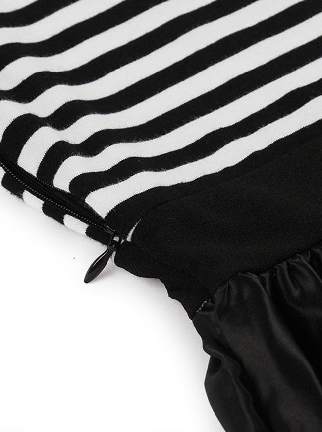 Black Elegant Round Neck Floral Striped High Waist Style Semi Formal Dress for Women Detail View