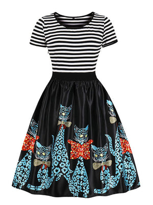Vintage Retro Round Neck Short Sleeve Stripe Cute Pattern Swing Party Dress Main View