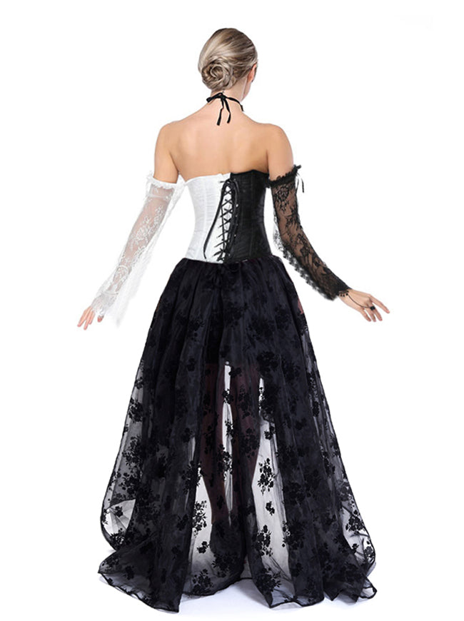 Women White Black Off Shoulder Overbust Top with Floral Hi-Lo Skirt Set Halloween Corset Outfits Model Show Back View