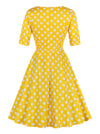 Vintage Short Sleeve Polka Dot Swing A-Line Spring Garden Dresses Yellow for Women Back View