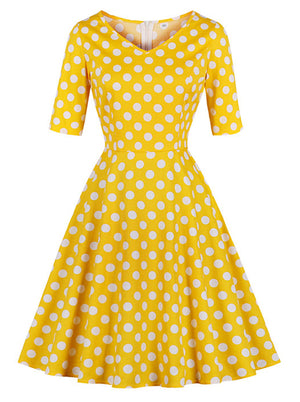 Vintage 1950s Half Sleeve Polka Dot Cocktail Swing Dress Main View