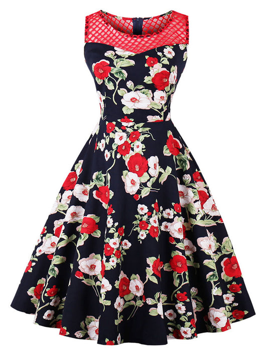 Vintage 1950's Style Rockabilly Floral Print Cocktail Dress Main View