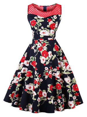 Vintage 1950's Style Rockabilly Floral Print Cocktail Dress Main View