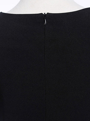 Black 1950's Vintage Style Geometric Pattern Knee Length Midi Dress for Women Detail View