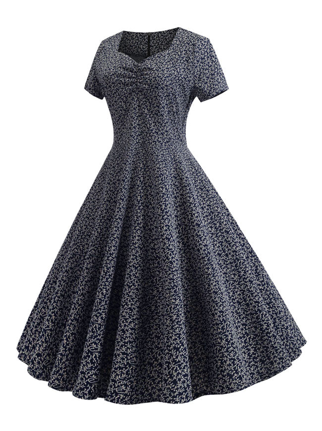 1950s Vintage Floral Short Sleeve Pleated Swing Dress