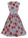 Women's 1950s Vintage Floral Printed V Neck Sleeveless Swing Dress