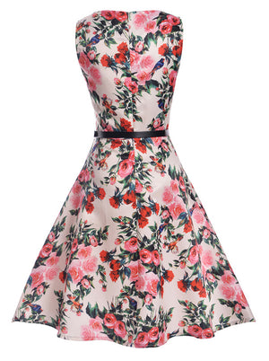 Elegant Round Neck Rose Floral Print Sleeveless Knee Length Homecoming Dress with Belted For Girls Pink Back View