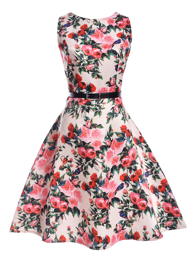 Girl's Sleeveless Wedding Party Sweetheart Dress with Rose Floral Print Main View