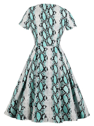 Sexy Short Sleeve Knee Length Black Turquoise 3D Snakeskin Printed Fashion Show Dress Back View