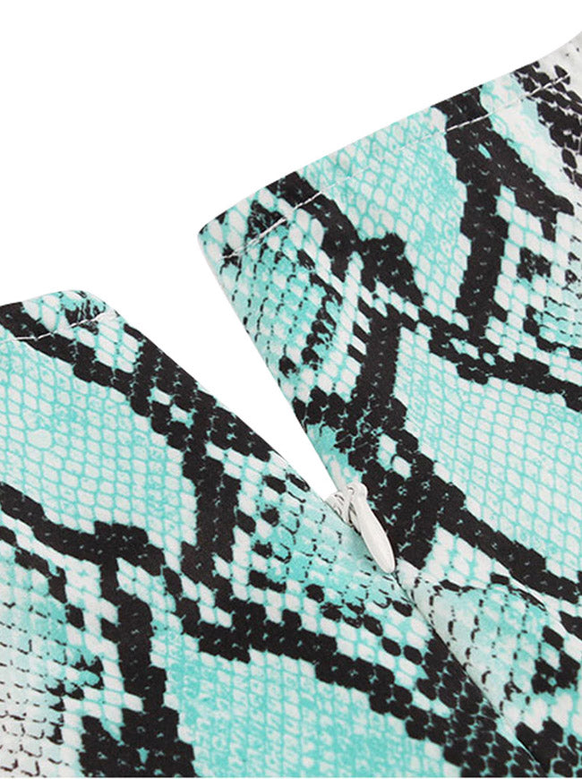 Sexy V Neck 3D Snakeskin Printed White Turquoise Evening Club Dress for Women Detail View