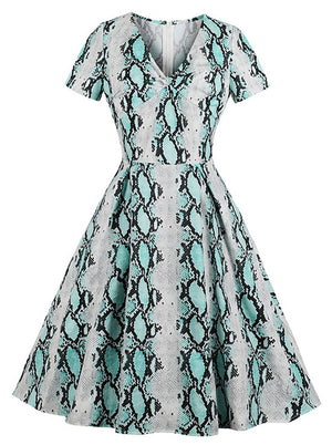 Vintage Short Sleeves V-Neck Snakeskin Printed Swing Dress Main View