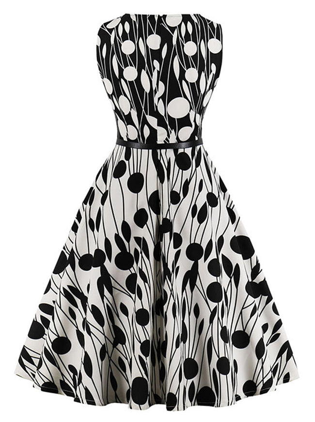 White Black Fashionable Sleeveless Pin Up Polka Dot Pattern Cocktail Dress with Belted for Women Back View