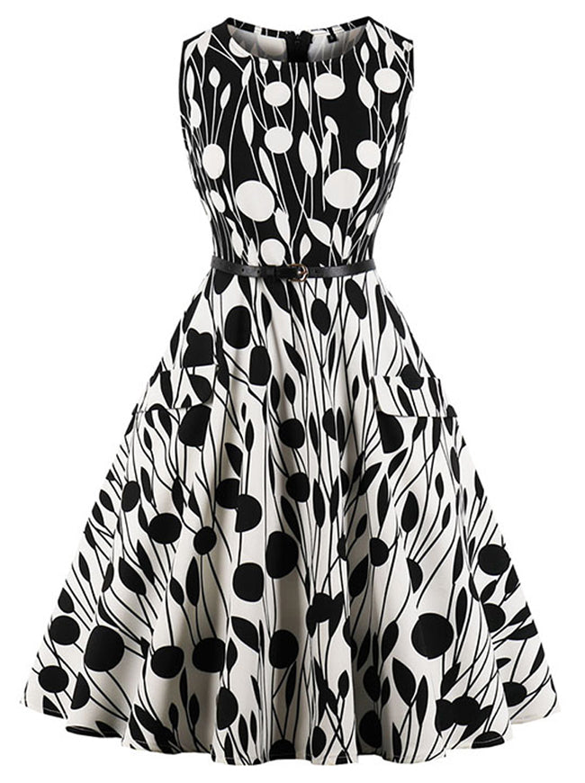 Sleeveless Classic Black and White Polka Dot Print Round Neck Homecoming Dress for Women Detail View