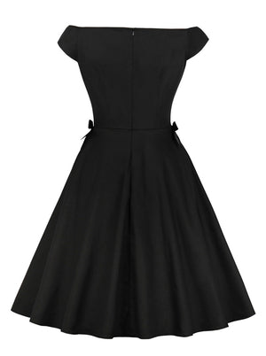 Retro 1950s Cocktail Party Black A-Line Homecoming Cute Turn Down Collar Midi Dress Detail View