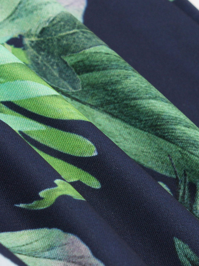 Plant Leaf Print Blue Retro Midi Dark Vintage Short Sleeve Cocktail Dress Detail View
