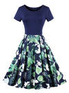 Short Sleeved Vintage Garden Tea Party Pleated Dress with Leaf Pattern