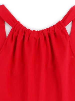 Red Halter Neck Sleeveless Knee Length Cherry Print Holiday Dress for Women Detail View