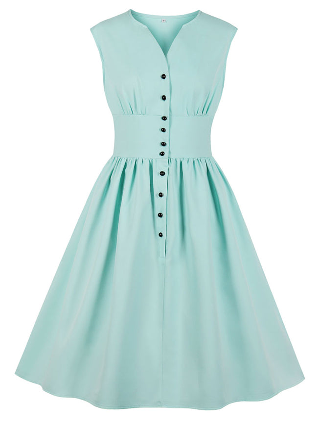 Women's 1950s Vintage Solid Color V Neck Sleeveless Pleated Swing Dress