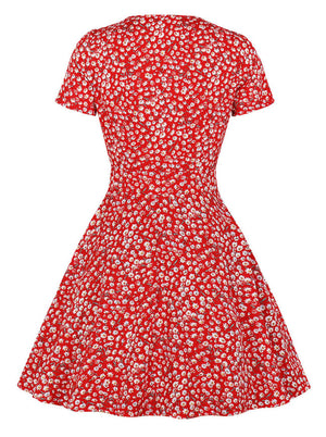 Vintage Rockabilly Elegant Short Sleeve V-Neck Flared Mini Red A-Line Homecoming Dress Back View