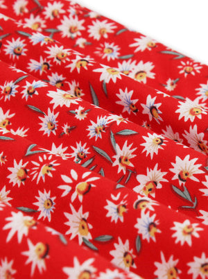 Vintage Floral Print Red White Summer Vacation Short Sleeve Empire Waist Dress Detail View