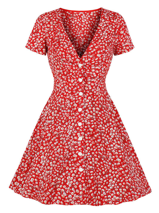 Vintage Floral Bohemian Short Sleeves Floral Print Button Casual Mini Tea Dress