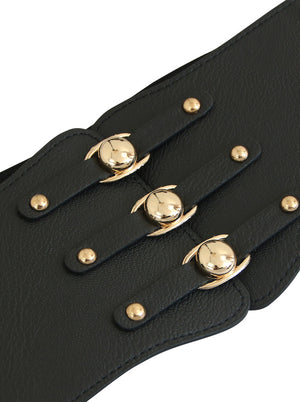 Black Metal Adjustable Buckle Leather High Waist Beaded Extra Wide Leather Belt For Women Detail View