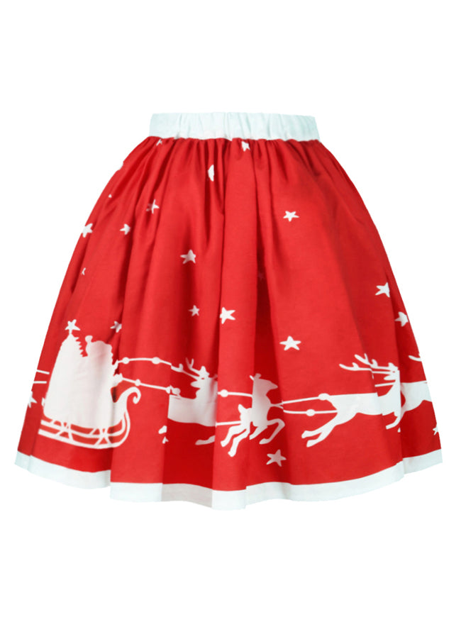 Red Christmas High Waist Knee Length Skirt Flared A-line Midi Skirt for Women Back View