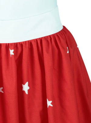 White Red Cute Xmas Element Stars Pattern Full Circle Flare Night Out Skirt for Women Detail View