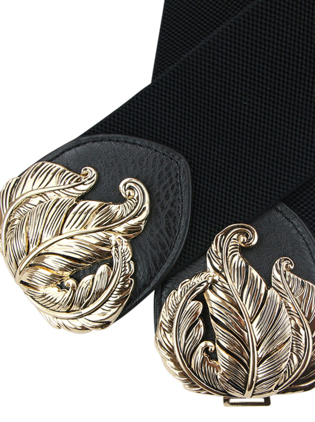 Black Fashion Designer Metal Feather Buckle Western Studded Leather Wide Holeless Fabric Dressy Belts For Women Detail View