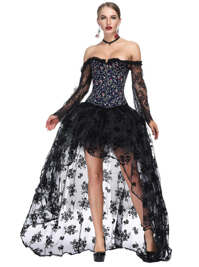 Black Embroidery Lace Long Sleeve Steampunk Blue Bustier Corset with Skirt Set for Women Model Show Back View