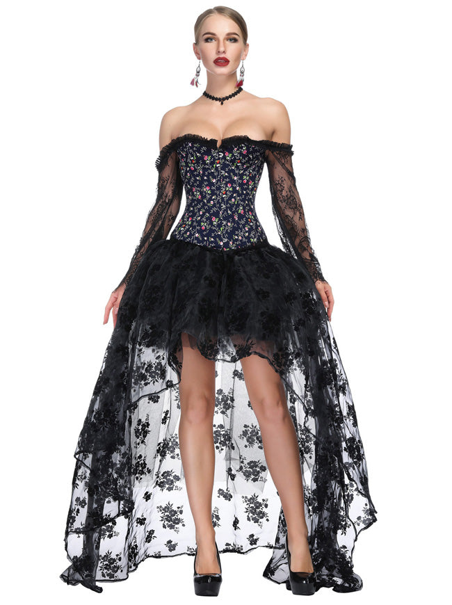 Black and Blue Off Shoulder Hi-Lo Skirt Set Halloween Overbust Corsets Outfits for Women Model Show Side View