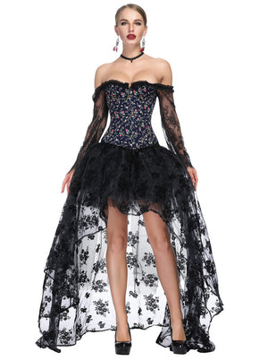 Black and Blue Off Shoulder Hi-Lo Skirt Set Halloween Overbust Corsets Outfits for Women Model Show Side View