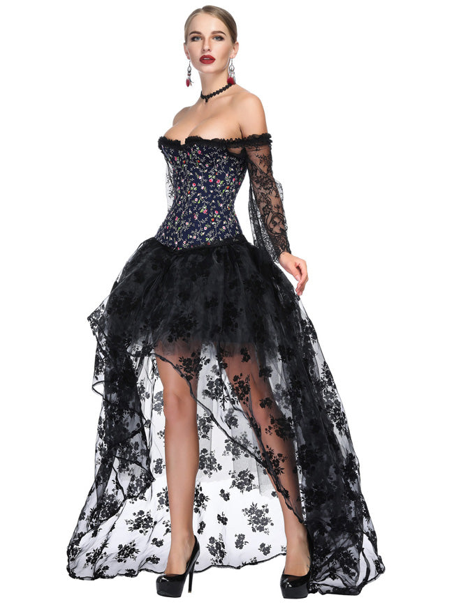 Blue Vintage Beautiful Overlaid Floral Patterns Halloween Party Corset with Skirt Set for Women Model Show Side View