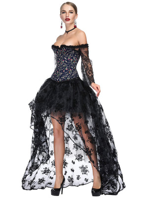 Blue Vintage Beautiful Overlaid Floral Patterns Halloween Party Corset with Skirt Set for Women Model Show Side View
