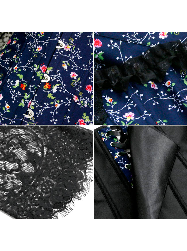 Blue Embroidery Vintage Floral Patterns Long Sleeve Steampunk Corset Vintage Theme Party for Women Detail View