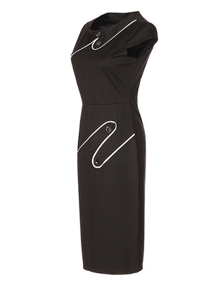 Black Slinky Classic Cap Sleeve Asymmetrical Neckline Bodycon Knee Length Summer Party Dress for Women Side View