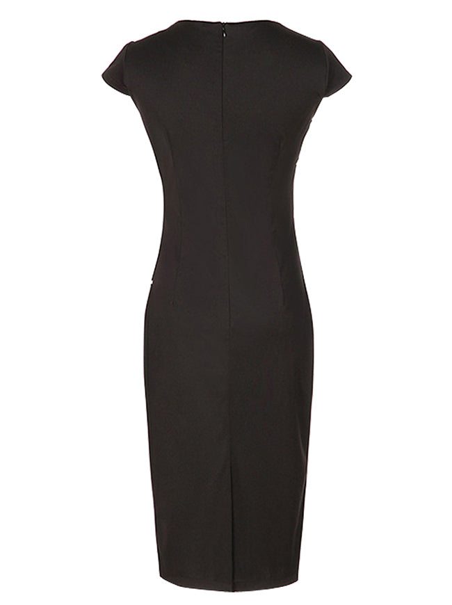 Vintage Inspired Colorblock Bodycon Buttons Decor Cotton Summer Sexy Black Tea Length  Evening Sheath Dress for Women Detail View