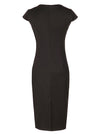 Vintage Inspired Colorblock Bodycon Buttons Decor Cotton Summer Sexy Black Tea Length  Evening Sheath Dress for Women Detail View