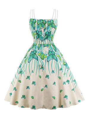 Vintage Butterfly Printed White High Waist Knee Length Evening Dress for Women Back View