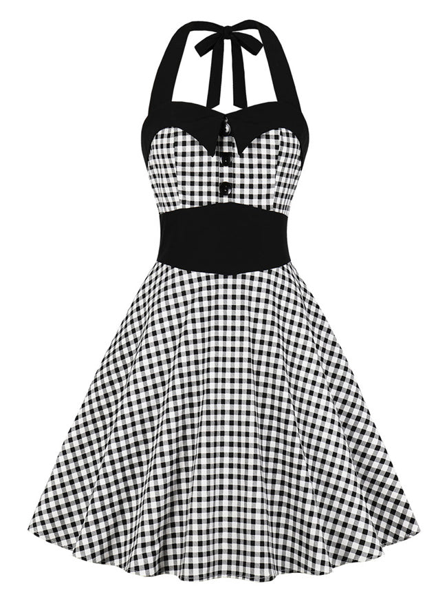 Vintage Retro Plaid Halter Rockabilly Cocktail Swing Dress