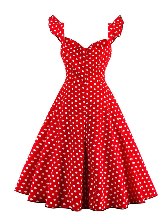 Red Elegant Ruffle Cap Sleeve Polka Dot Printed Summer Beach Dress for Girl Back View